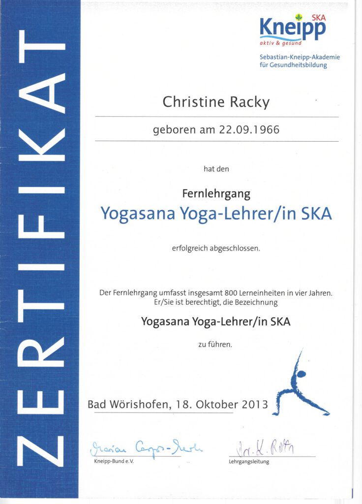 Zertifikat als Yogasana Yogalehrer in SKA. 